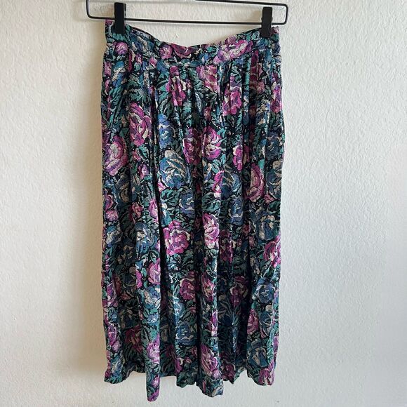 CODE 7 Vintage 90s Black Floral Midi A-Line Skirt Womens S-M - Picture 1 of 6
